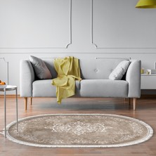 Alanur Home Alanur Star Kaymaz Pamuk Tabanlı Saçaklı Yıkanabilir Dijital Halı Oval Bej