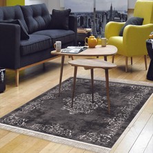 Alanur Home Alanur Star Kaymaz Pamuk Tabanlı Saçaklı Yıkanabilir Dijital Halı Gri̇