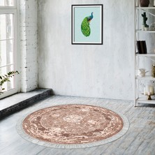 Alanur Home Alanur Star Kaymaz Pamuk Tabanlı Saçaklı Yıkanabilir Dijital Halı Yuvarlak Pudra