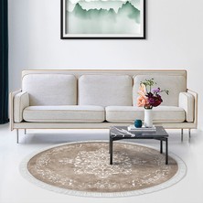 Alanur Home Alanur Star Kaymaz Pamuk Tabanlı Saçaklı Yıkanabilir Dijital Halı Yuvarlak Bej