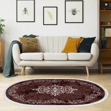 Alanur Star Kaymaz Pamuk Tabanlı Saçaklı Yıkanabilir Dijital Halı Oval Bordo