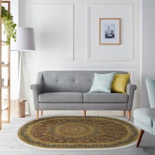 Alanur Star Kaymaz Pamuk Tabanlı Saçaklı Yıkanabilir Dijital Halı Oval Bej