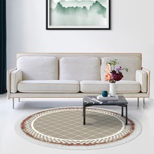 Alanur Home Alanur Yıldız Kaymaz Deri Tabanlı Saçaklı Yıkanabilir Dijital Halı Yuvarlak Camel