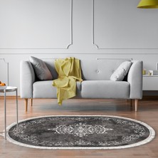 Alanur Home Alanur Yıldız Kaymaz Deri Tabanlı Saçaklı Yıkanabilir Dijital Halı Oval Gri̇