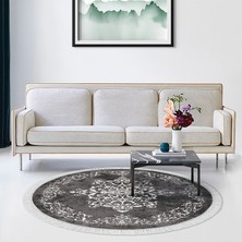 Alanur Yıldız Kaymaz Deri Tabanlı Saçaklı Yıkanabilir Dijital Halı Yuvarlak Gri̇