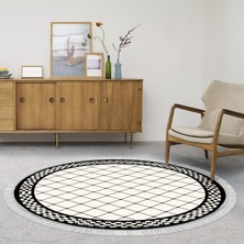 Alanur Yıldız Kaymaz Deri Tabanlı Saçaklı Yıkanabilir Dijital Halı Yuvarlak Krem