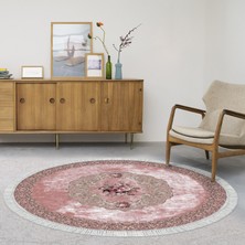 Alanur Yıldız Kaymaz Deri Tabanlı Saçaklı Yıkanabilir Dijital Halı Yuvarlak Pudra