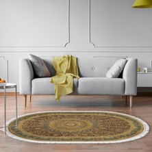 Alanur Home Alanur Yıldız Kaymaz Deri Tabanlı Saçaklı Yıkanabilir Dijital Halı Oval Bej