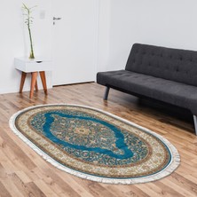 Alanur Yıldız Kaymaz Deri Tabanlı Saçaklı Yıkanabilir Dijital Halı Oval Mavi̇