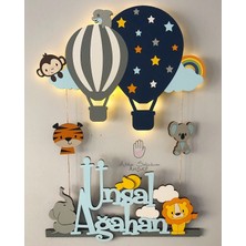 Atölye Selçukum Işıklı İsme Özel Ahşap Bebek Odası Kapı Süsü - Uçan Balon & Hayvanlar