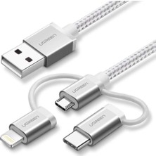 Ugreen 3 in 1 iOS Lightning Type-C Micro USB Şarj ve Data Kablosu Silver