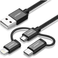 Ugreen 3 in 1 iOS Lightning Type-C Micro USB Şarj ve Data Kablosu Siyah