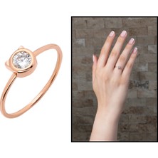 Gül Endam Kurdela Tasarım Roz Renk 925 Ayar Gümüş Bayan Tektaş Yüzük