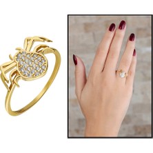 Gül Endam Zirkon Taşlı Spider Tasarım Gold Renk 925 Ayar Gümüş Bayan Yüzük