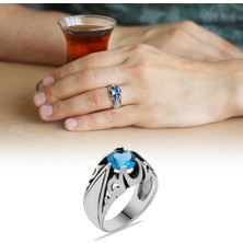 Gül Endam Mavi Zirkon Taşlı Minimal Tasarım 925 Ayar Gümüş Erkek Yüzük