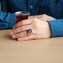 Gül Endam Fetih 1453 Temalı Faset Kesim Kırmızı Zirkon Taşlı 925 Ayar Gümüş Erkek Yüzük