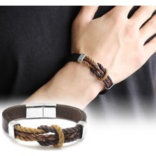 Gül Endam Düğüm Tasarım Kahverengi Deri-Çelik Kombinli Erkek Bileklik