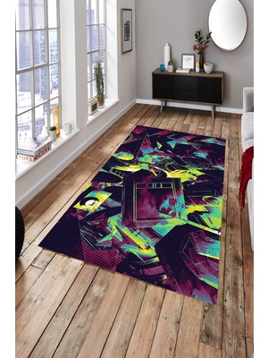 Modanoiva Kaymaz Dot Taban Yıkanabilir  Dijital Baskı Geometrik Kameralar Ve Modern Renkler Salon Halısı 80 x 100