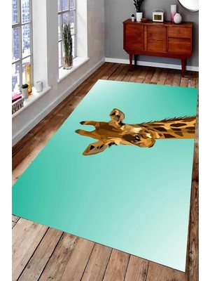 Modanoiva Kaymaz Dot Taban Yıkanabilir Dijital  Baskı Mavi Zeminli Zürafa Çizimi Salon Halısı 80 x 100