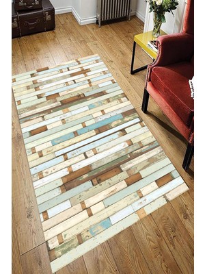 Modanoiva Kaymaz Dot Taban Yıkanabilir  Dijital Baskı Mavi Tahtalar Salon Halısı 80 x 120