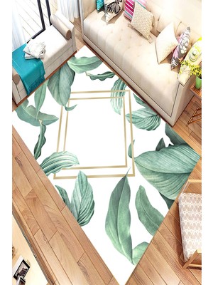 Modanoiva Kaymaz Dot Taban Yıkanabilir Antibakteriyel Dijital Baskı Altın Detaylı Yapraklar Salon Halısı 200 x 300