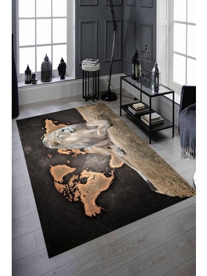 Modanoiva Kaymaz Dot Taban Yıkanabilir  Dijital Baskı Aslan ve Harita Desenli Salon Halısı 80 x 100