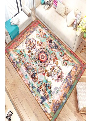 Modanoiva Kaymaz Dot Taban Yıkanabilir  Dijital Baskı Modern Renkler Osmanlı Desen Salon Halısı 80 x 120