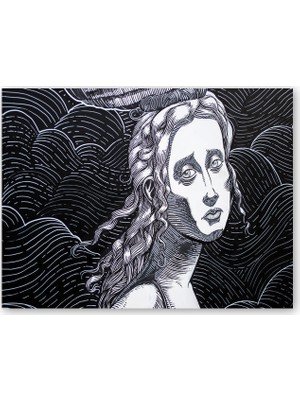 Caka Tablo Ahşap Tablo Siyah Beyaz Gravür Hüzünlü Bakışlı Kadın