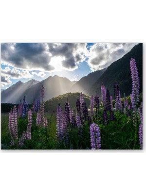 Caka Tablo Ahşap Tablo Sümbüller Çayırlar Dağlar ve Bulutlar