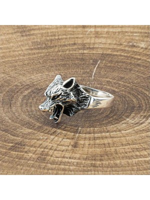 Takılingo 3D Kurt Kafası Motifli Gümüş Erkek Yüzük