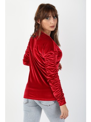 Balins Kol Büzgülü Kadife Bluz Kırmızı