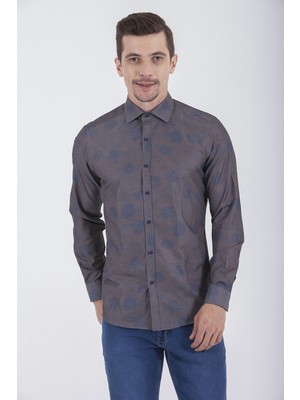 Hatemoğlu Erkek  Slim Fit Baskılı Kahverengi Gömlek