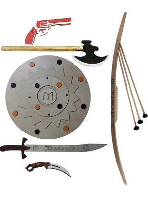 Ahtek Ahşap Oyuncak Seti 6'lı - Kalkan + Balta + Kılıç + Bıçak + Ok Yay  + Lastik Atan Tabanca