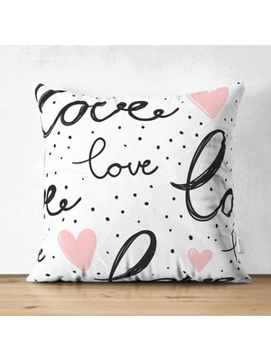 Çift Taraflı Love Dijital Baskılı Pembe Kalpli Dekoratif Süet Yastık Kırlent Kılıfı