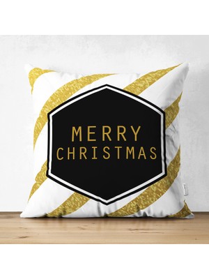 Çift Taraflı Altın Şeritli Merry Christmas Desenli Dekoratif Süet Yastık Kırlent Kılıfı
