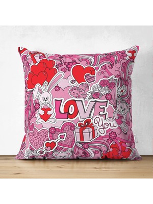 Çift Taraflı Pembe Zeminli Love You Temalı Modern Süet Yastık Kırlent Kılıfı