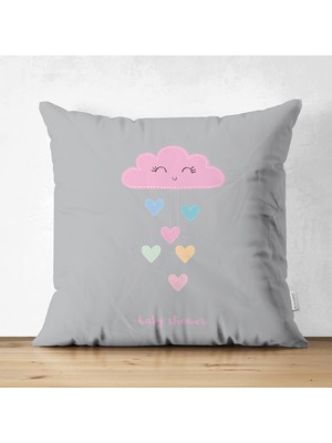 Çift Taraflı Gri Zeminde Pembe Bulutlu Baby Shower Çocuk Odası Süet Yastık Kırlent Kılıfı