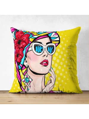 Sarı Zeminli Summer Popart Tasarımlı Çift Taraflı Dekoratif Süet Yastık Kırlent Kılıfı