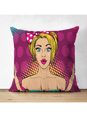 Fuşya Puanlı Popart Desenli Çift Taraflı Dekoratif Süet Yastık Kırlent Kılıfı