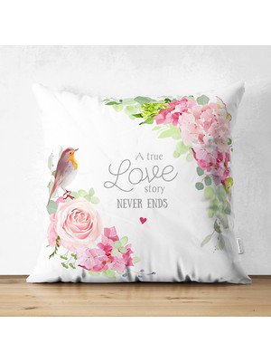 Kuş Motifli A True Love Story Never Ends Renkli Modern Çift Taraflı Süet Yastık Kırlent Kılıfı