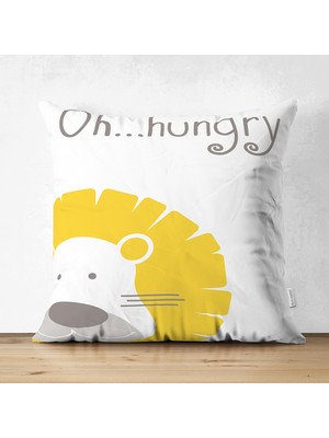 Çift Taraflı Beyaz Zeminde Hungry Aslan Motifli Dijital Baskılı Bebek Odası Süet Yastık Kılıfı