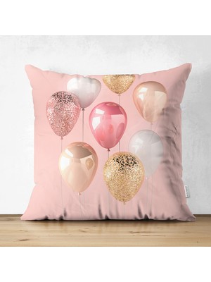 Pembe Zeminli Balonlar Desenli Çift Taraflı Süet Yastık Kırlent Kılıfı