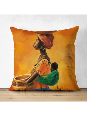 Çift Taraflı Turuncu Afrikan Women Tasarımlı Dijital Baskılı Süet Yastık Kırlent Kılıfı