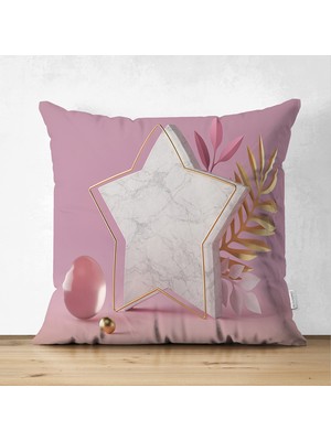 Çift Taraflı Modern Pembe Zeminli 3D Yıldız Desenli Dekoratif Süet Yastık Kırlent Kılıfı