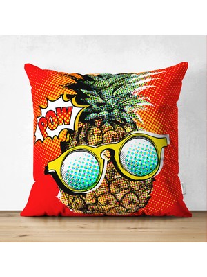 Çift Taraflı Kırmızı Zemin Ananas Desenli Dekoratif Süet Yastık Kırlent Kılıfı