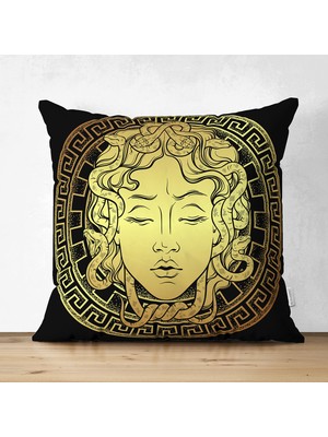 Realhomes Çift Taraflı Özel Tasarım Siyah Zeminde Gold Medusa Dekoratif Süet Kırlent Kılıfı