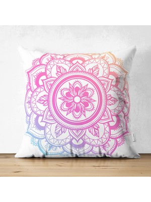 Beyaz Zeminde Pembe Mavi Mandala Desenli Çift Taraflı Özel Tasarım Süet Kırlent Kılıfı