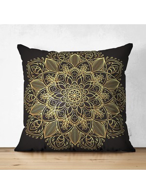 Siyah Zeminde Gold Mandala Motifli Çift Taraflı Süet Yastık Kılıfı