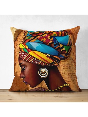 Çift Taraflı African Woman Çizimli Dijital Baskılı Modern Süet Yastık Kırlent Kılıfı