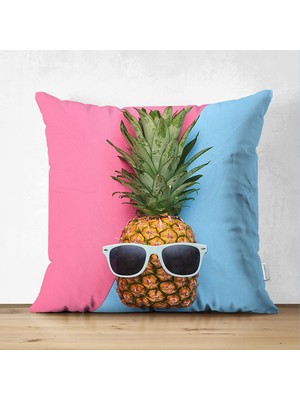 Çift Taraflı Mavi Pembe Ananas Desenli Modern Süet Yastık Kırlent Kılıfı